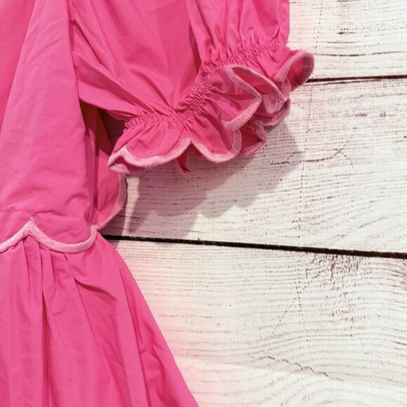 English Factory Scallop Tiered Pink Dress Size Medium Puff Sleeve Open Back Midi - Picture 7 of 12